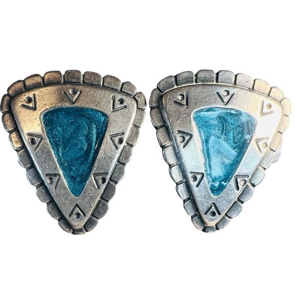 Vtg Southwest Triangular Clip-On Silver-tone Earrings Turquoise Resin Inlay - Picture 1 of 6
